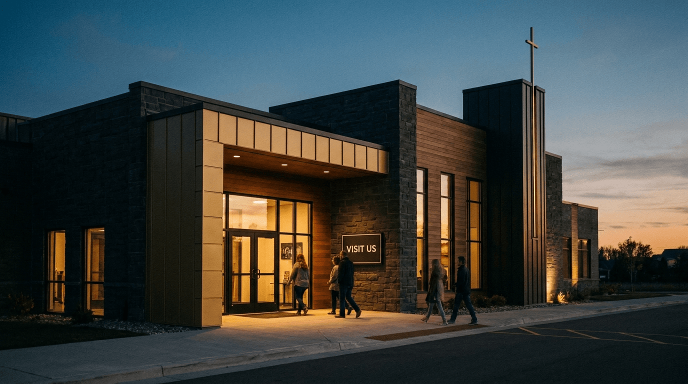 A warmly lit church entrance at dusk